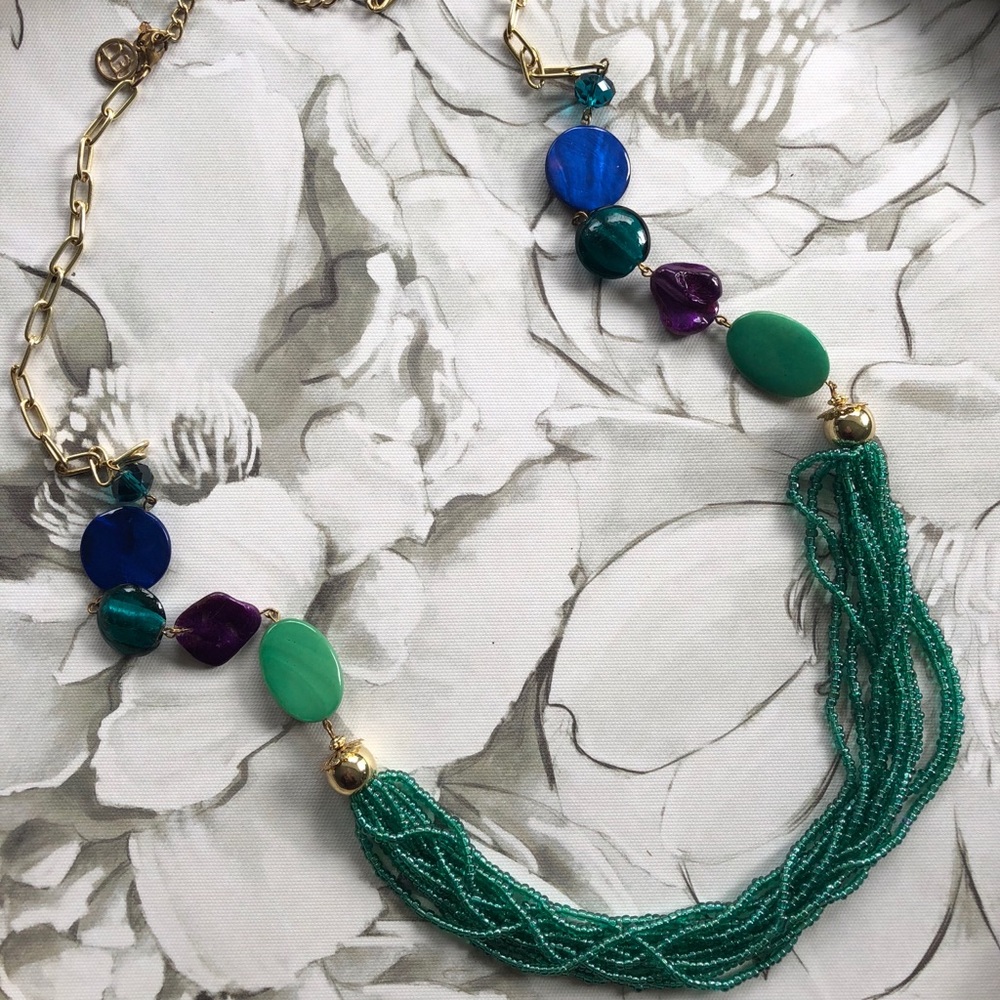Statement necklace long teal & gold beaded